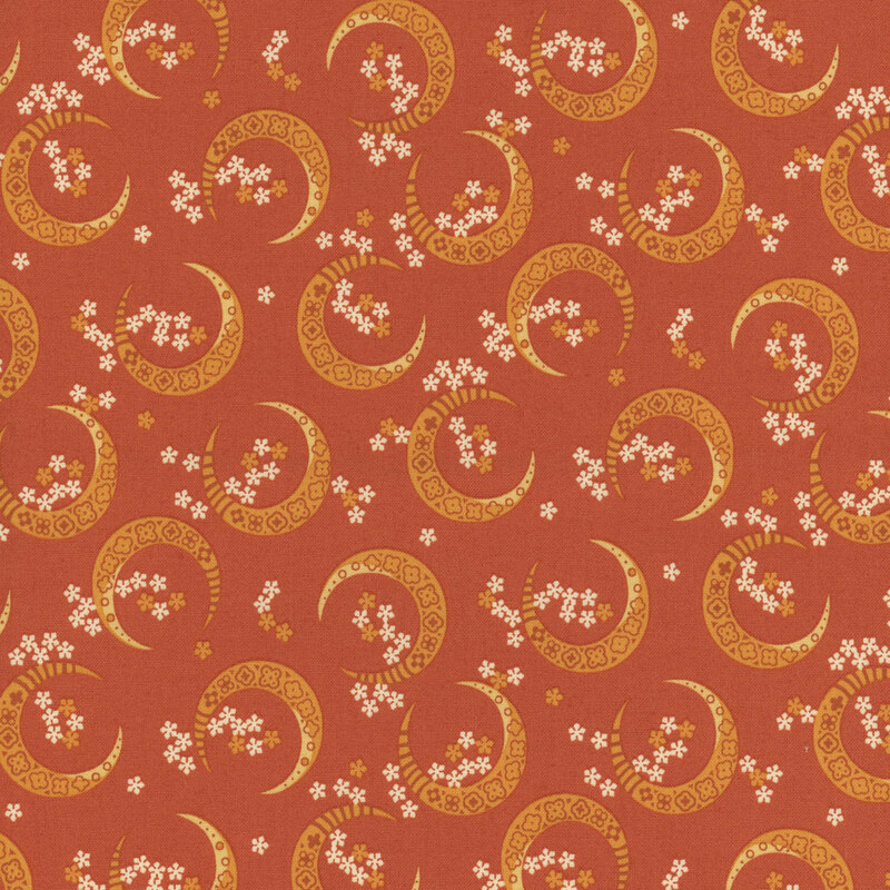 A repeating pattern of crescents and floral designs in orange and cream on a orange background.