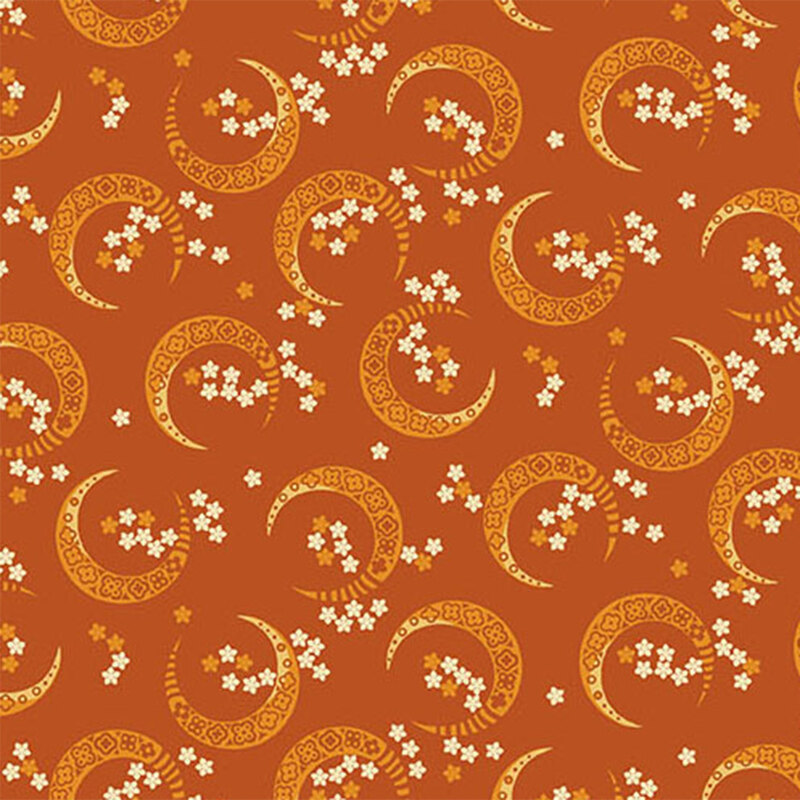 A repeating pattern of crescents and floral designs in orange and cream on a orange background.