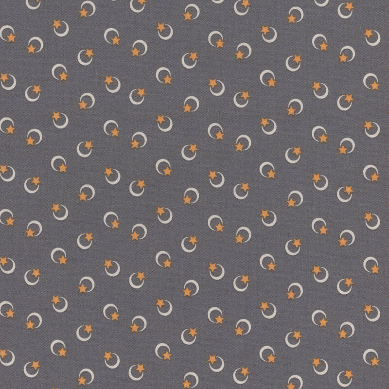 Repeating pattern of crescent moons and stars on a gray background.