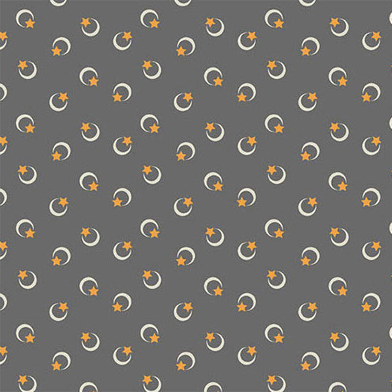 Repeating pattern of crescent moons and stars on a gray background.