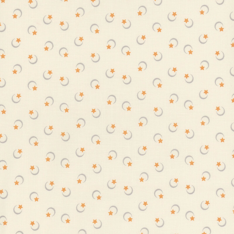 Repeating pattern of crescent moons and stars on a cream background.