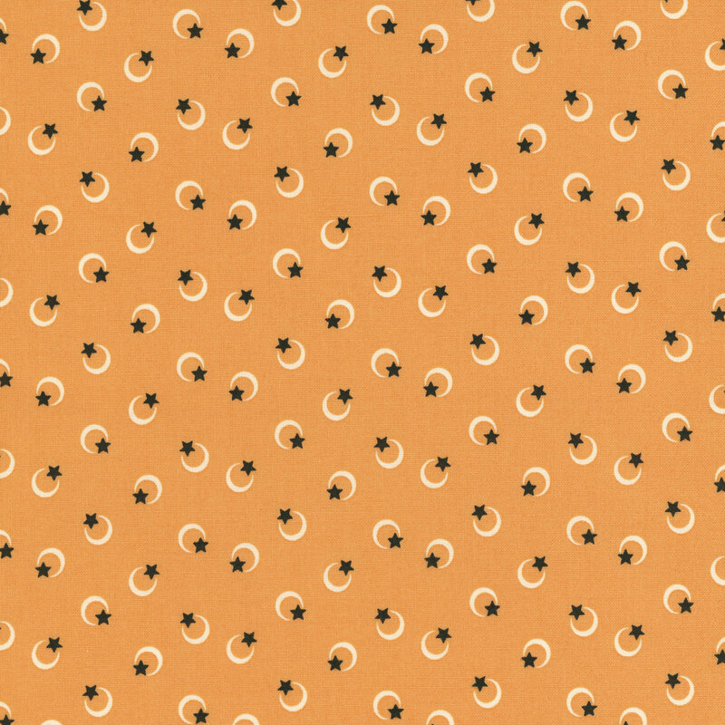 Repeating pattern of crescent moons and stars on a light orange background.