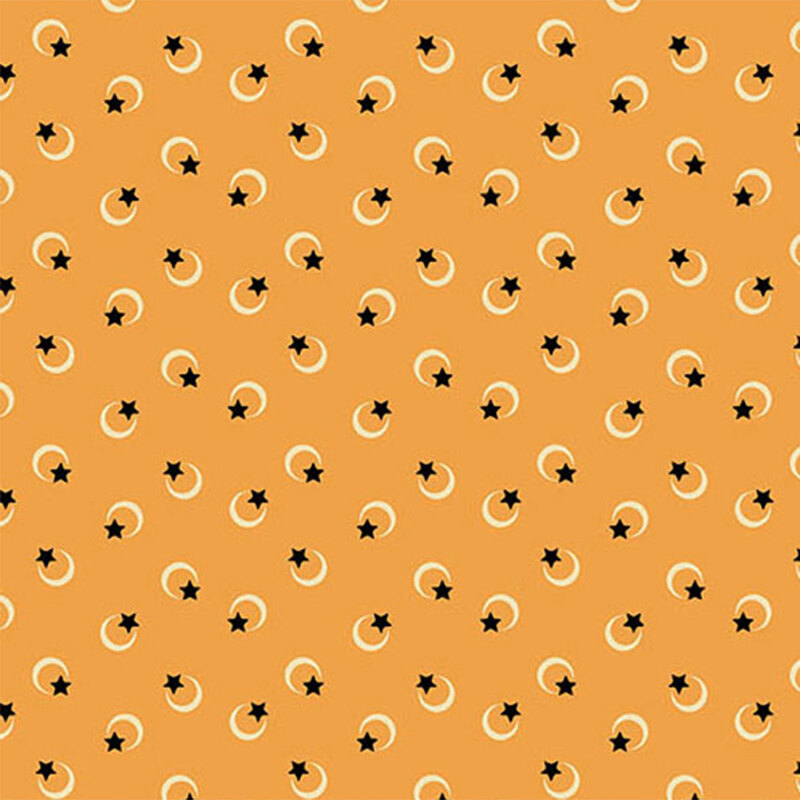 Repeating pattern of crescent moons and stars on a light orange background.