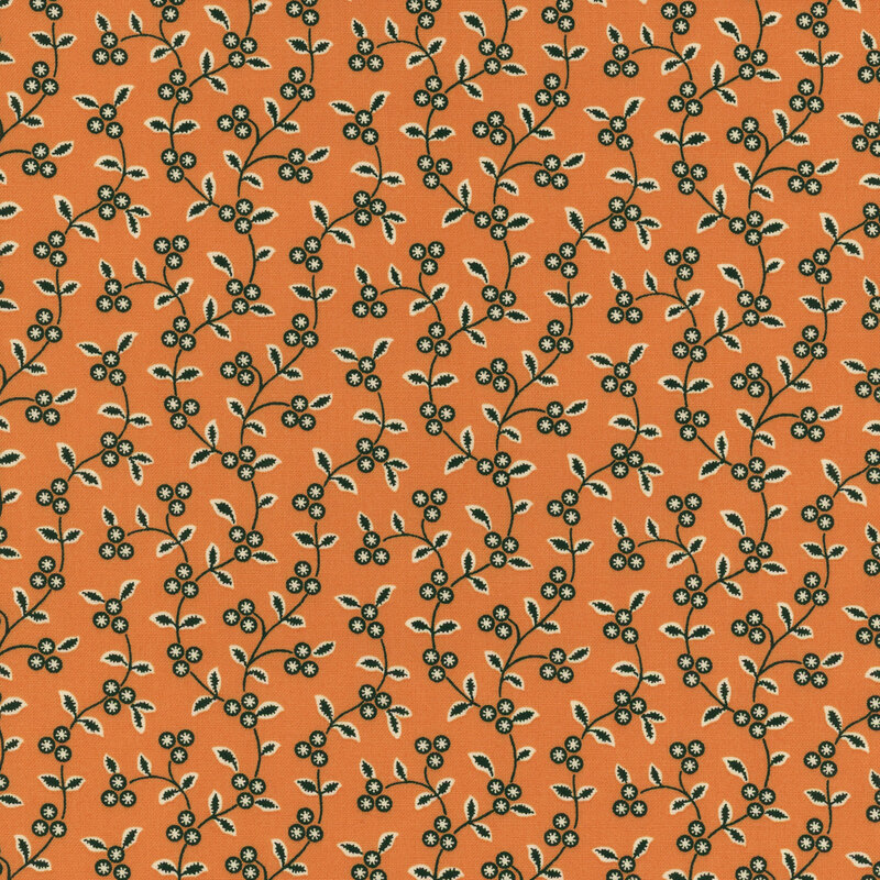 A pattern of berries and vines on a orange background