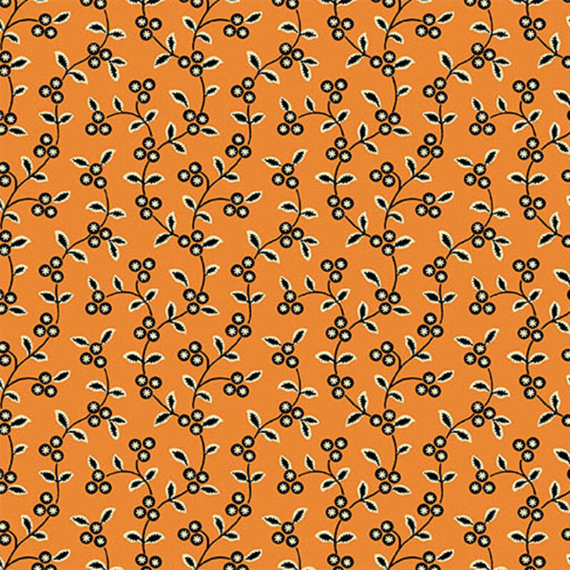 A pattern of berries and vines on a orange background