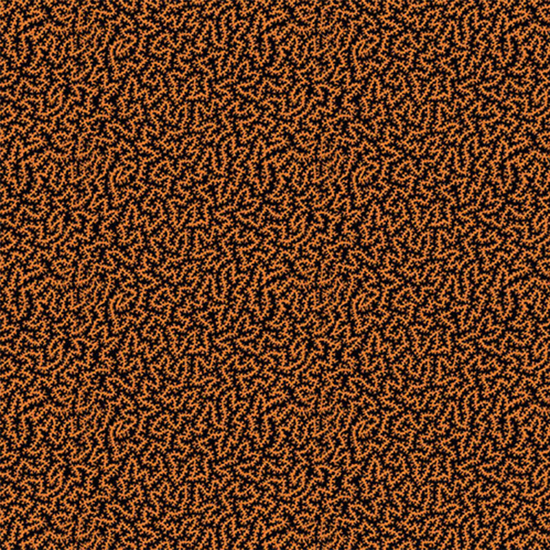 Abstract pattern of black and orange swirling shapes on a textured background.