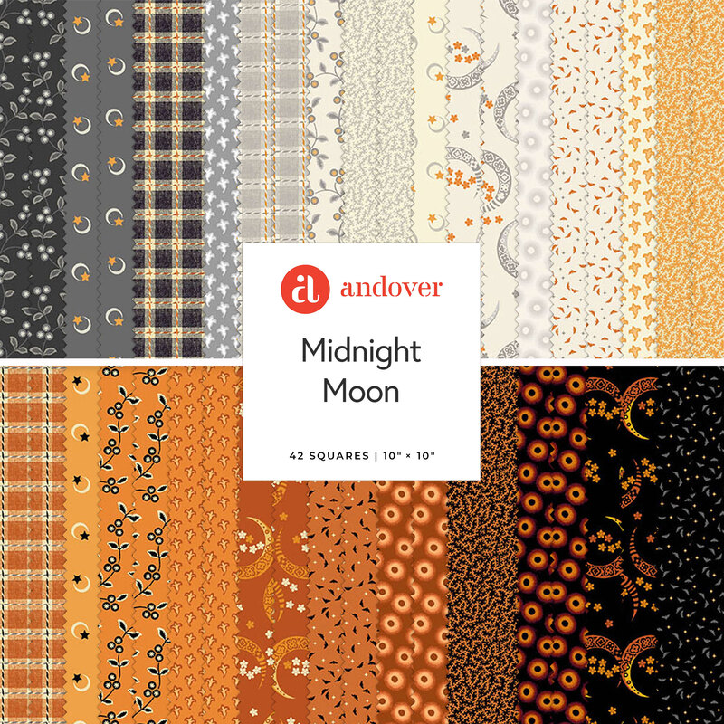 Collage of fabric in cream, black and orange with varied patterns, labeled “Midnight Moon” by Andover.