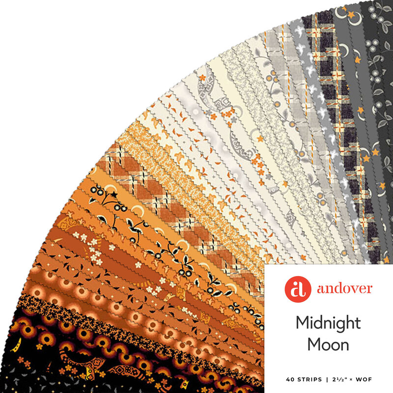 Colorful fabric strips in orange, gray, and cream arranged in a fan, labeled Midnight Moon.