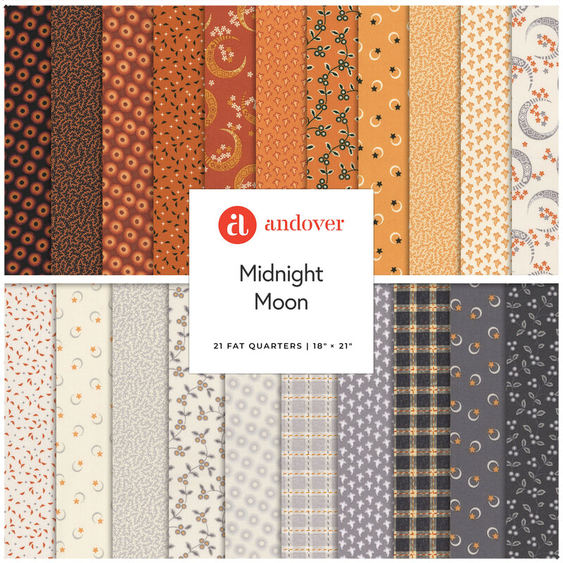 A collection of 21 fabric fat quarters with various patterns in orange, black, and white tones.
