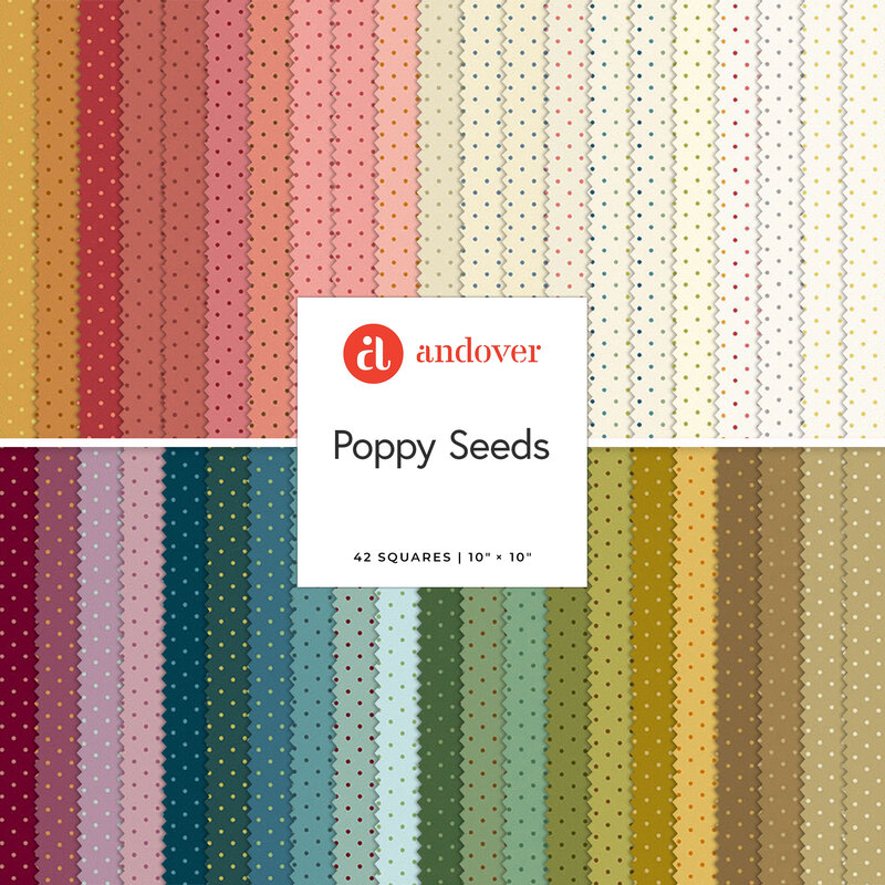 A fabric swatch collection titled Poppy Seeds featuring 42 patterned squares in various colors.