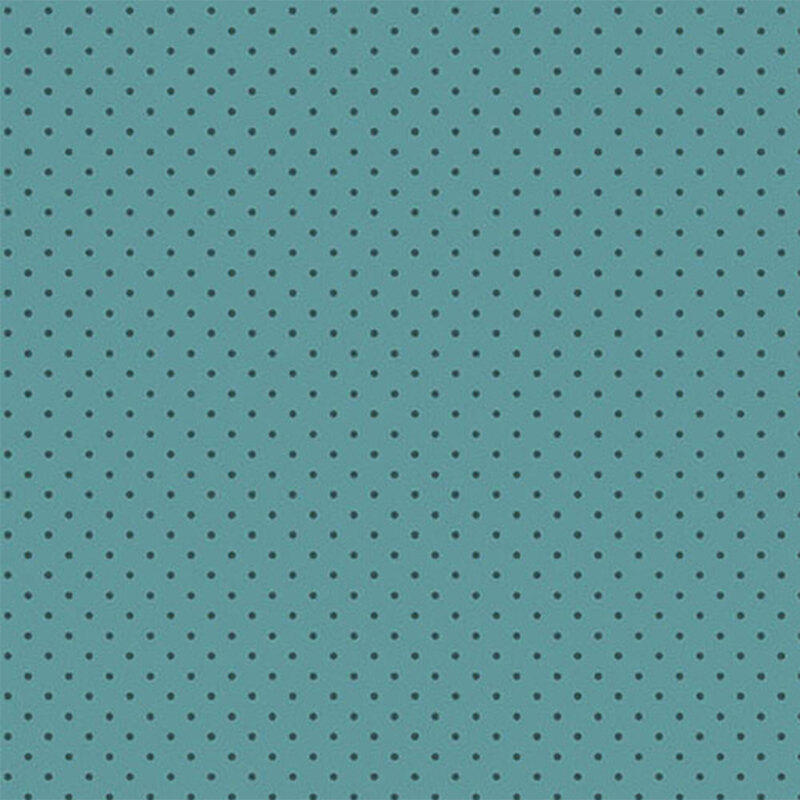 teal fabric with a repeating pattern of small dark blue dots.