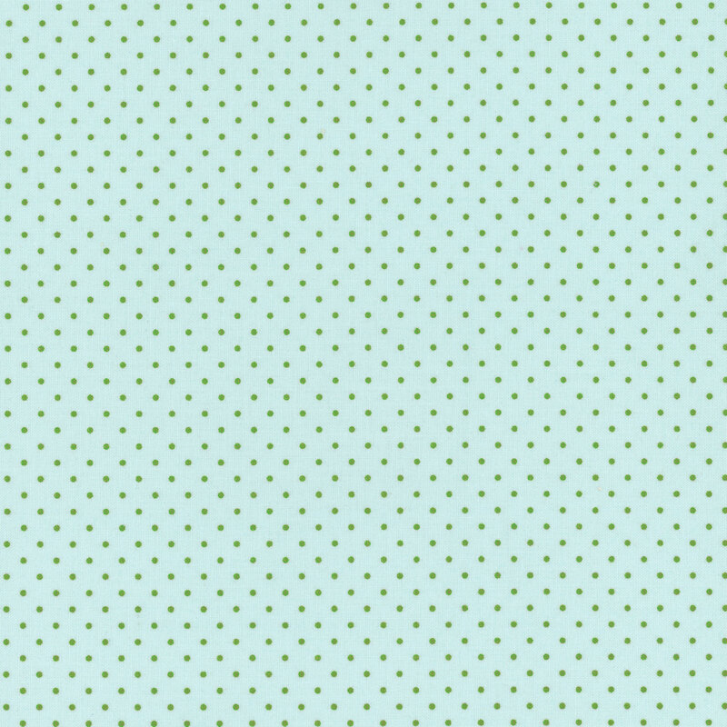 Light blue fabric with evenly spaced green polka dots.