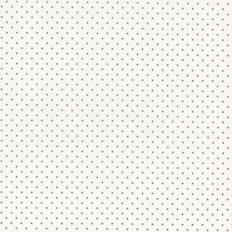 White fabric with evenly spaced, small grey polka dots.
