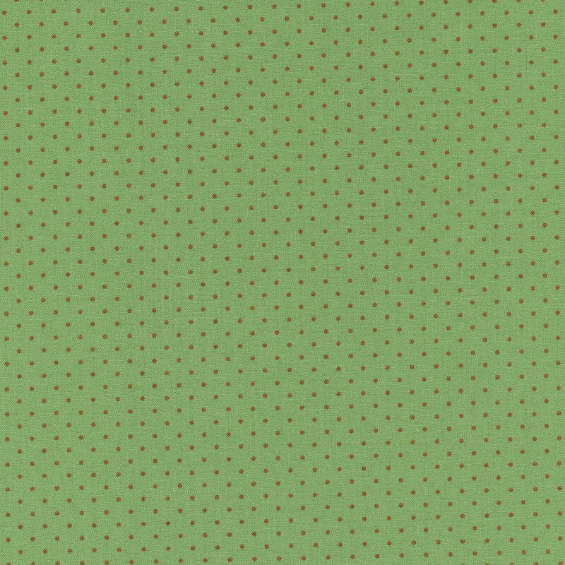 A  green fabric with evenly spaced brown polka dots.