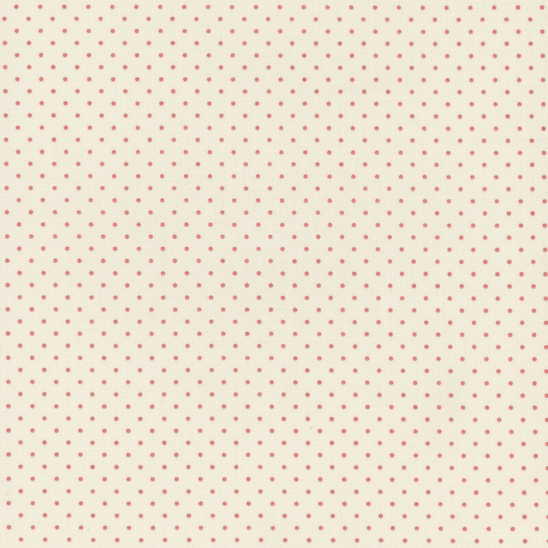 Cream fabric covered with evenly spaced red polka dots.