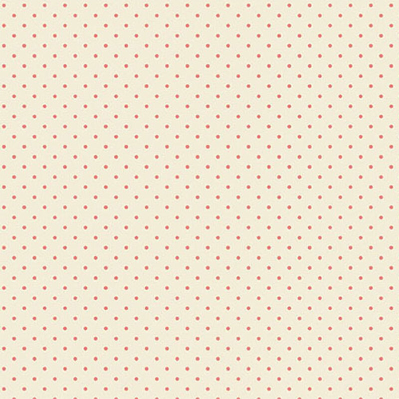 Cream fabric covered with evenly spaced red polka dots.