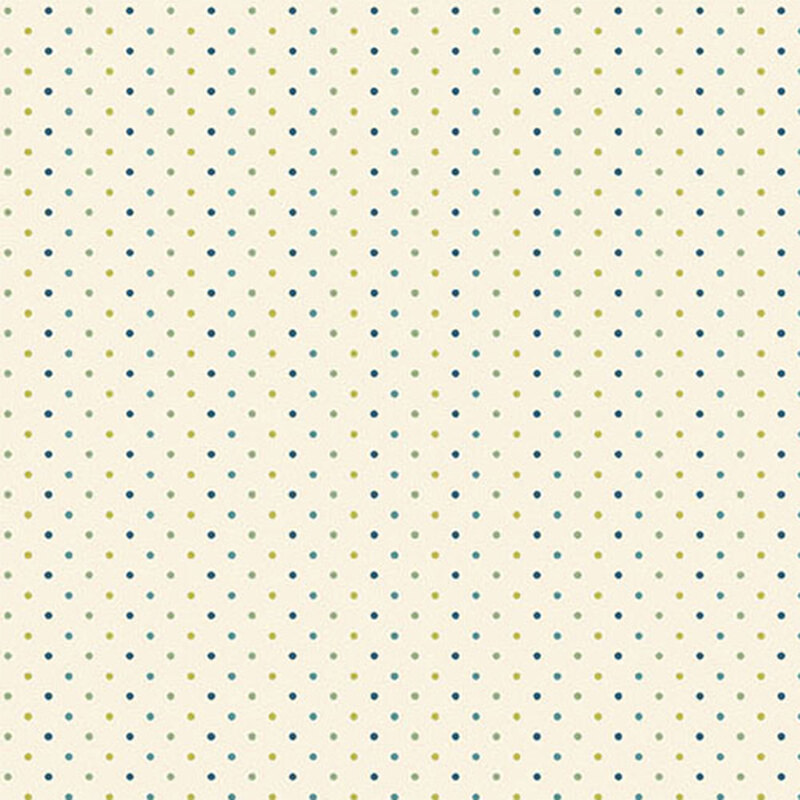 Cream fabric with a repeated pattern of small, colorful dots in blue and green.