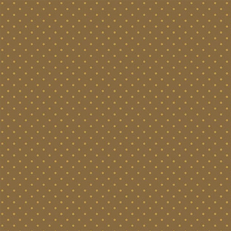 Brown fabric with a repeating pattern of small yellow dots.