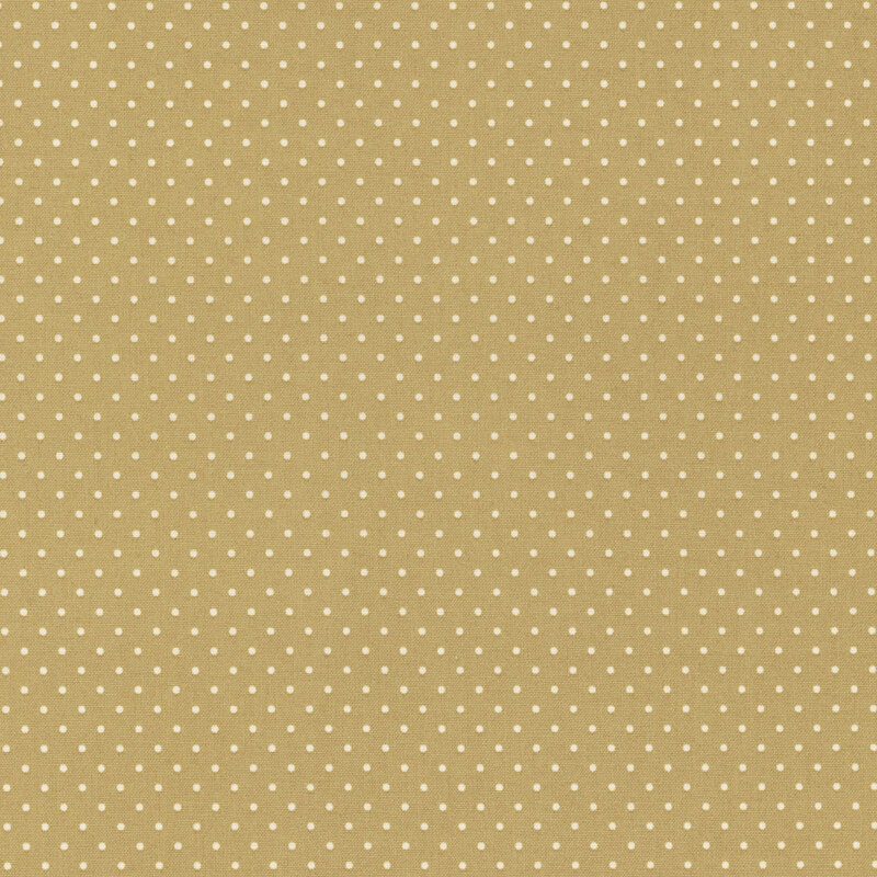 A fabric in muted yellow with evenly spaced white polka dots.