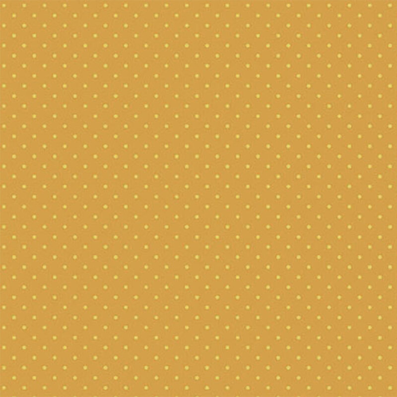 Yellow fabric with small, evenly spaced white polka dots.