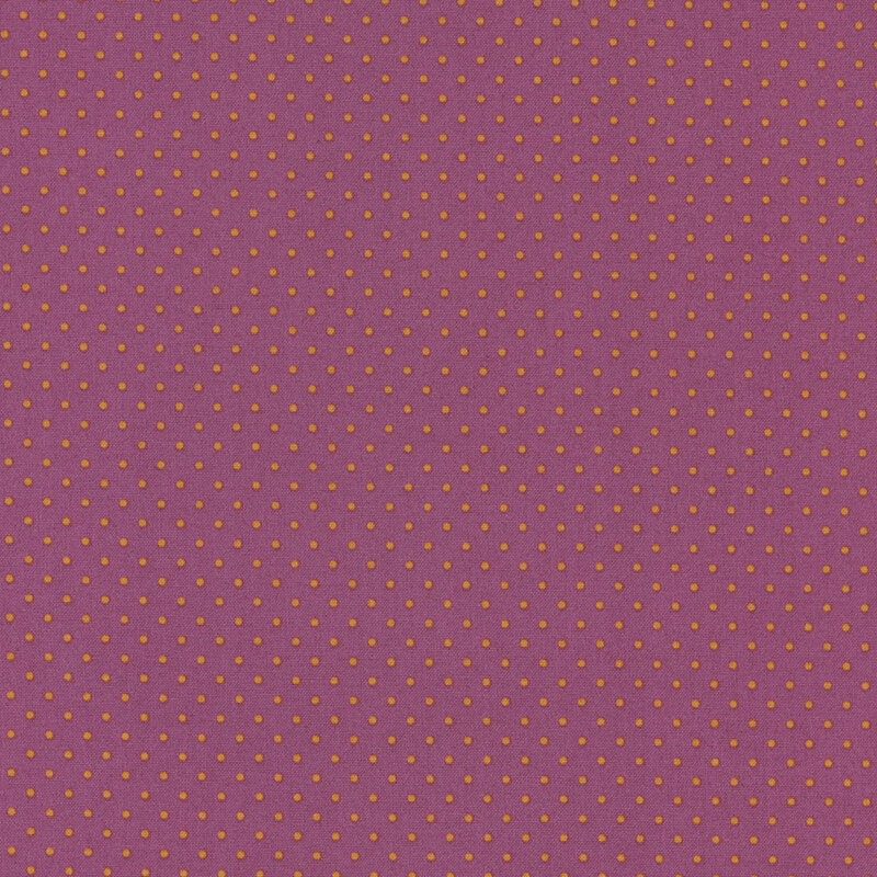 A fabric featuring a purple color with evenly spaced yellow polka dots.