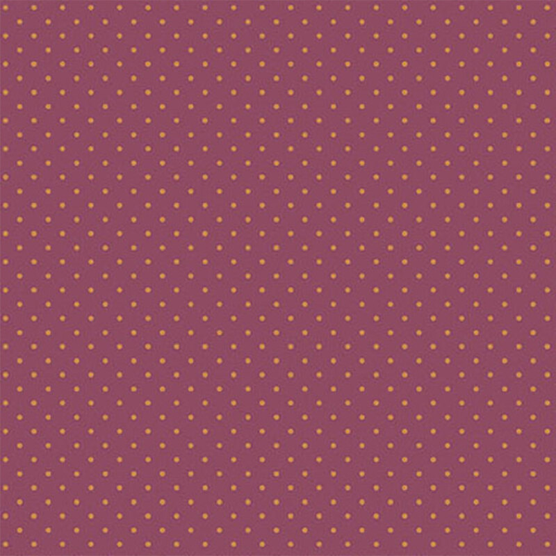 A fabric featuring a purple color with evenly spaced yellow polka dots.