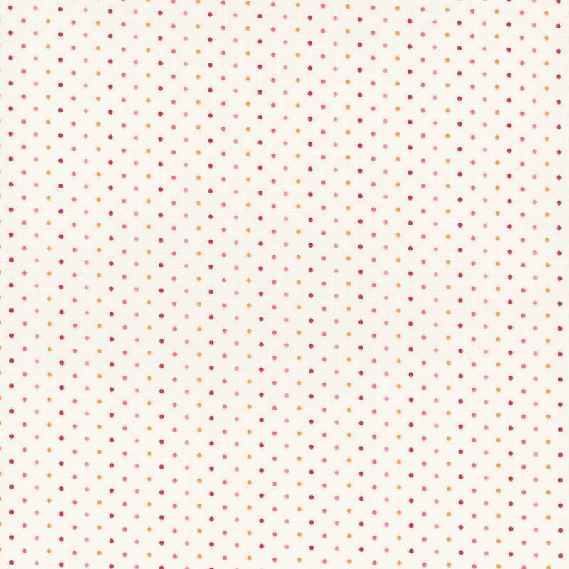 A light cream background with a repetitive pattern of red and yellow dots.