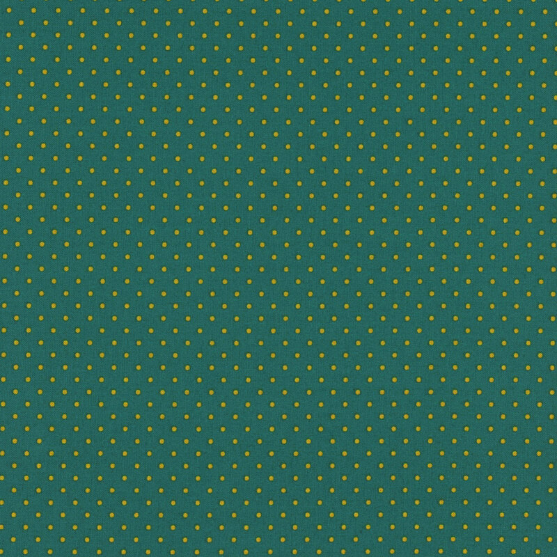 Fabric pattern of small yellow dots on a dark teal background.
