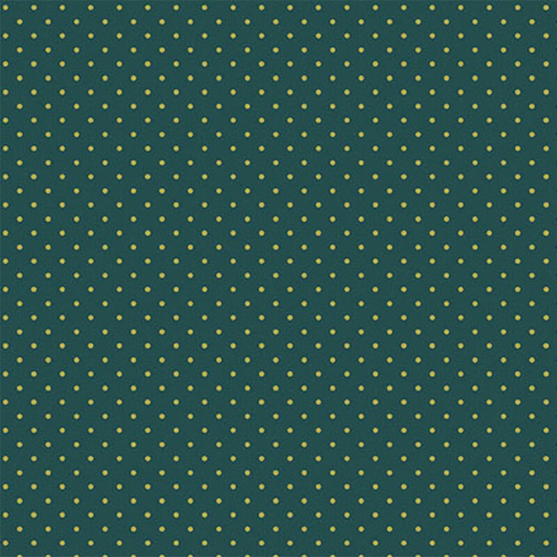 Fabric pattern of small yellow dots on a dark teal background.