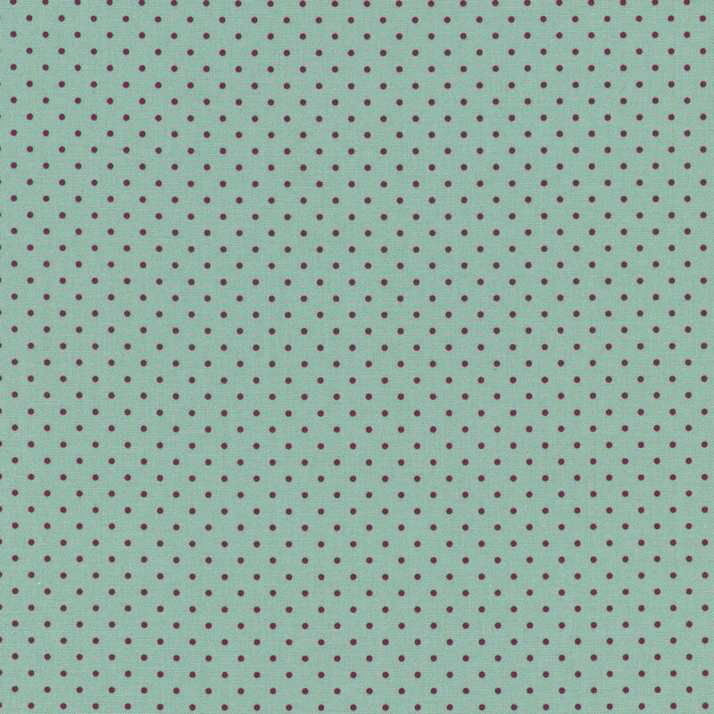 Light teal Fabric with a pattern of evenly spaced red polka dots.