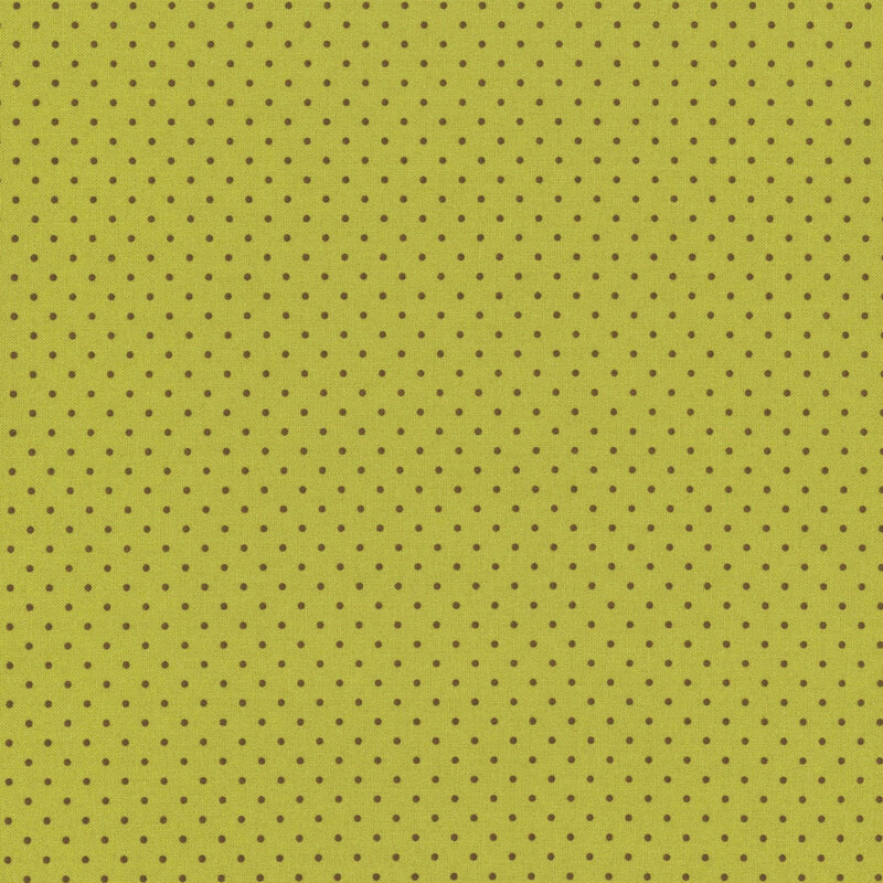 Olive green fabric with evenly spaced small brown polka dots.