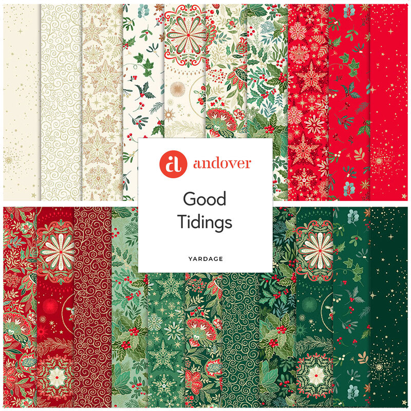 Colorful fabric patterns in red, green, and cream featuring floral and holiday designs, labeled Good Tidings.