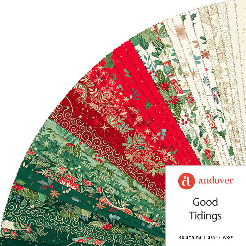 Colorful fabric strips in red, green, and white with festive patterns, labeled Good Tidings.