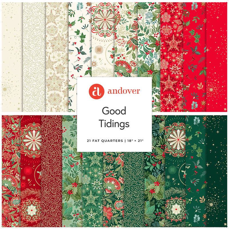 A collection of 21 festive fabric fat quarters in red, green, and cream with holiday patterns.