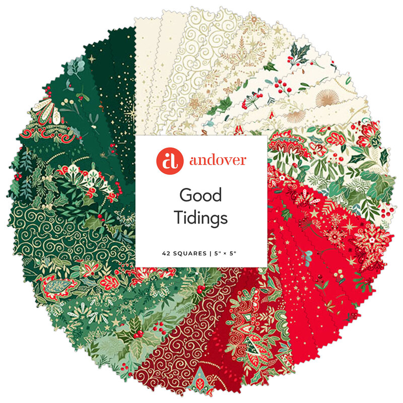 A circular arrangement of 5 fabric squares in red, green, and cream with festive patterns and textures.