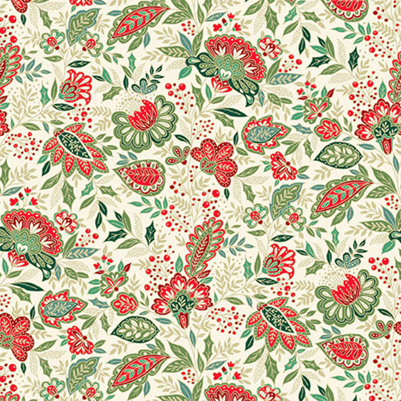 Floral fabric with red and green flowers and leaves on a light beige background.