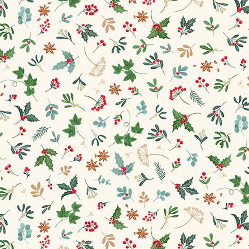 A patterned fabric featuring various green leaves, red berries, and decorative floral elements on a light background.