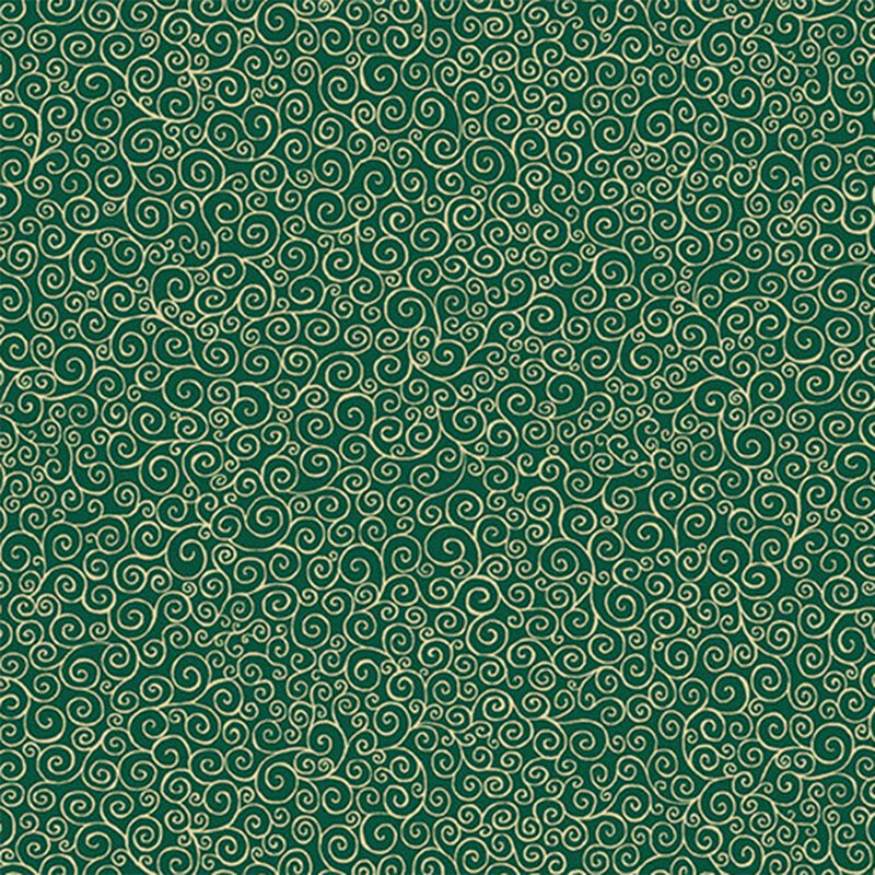 A green fabric filled with spiraling gold swirls in a repeating pattern.