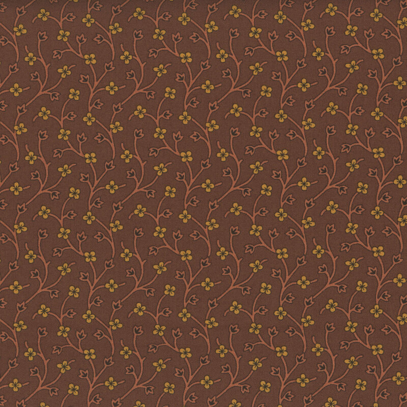 A repeating pattern of yellow flowers and pink vines on a brown background.