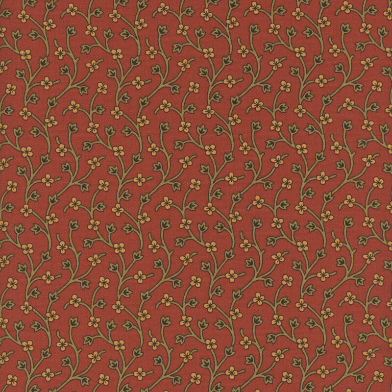 A repeating floral pattern featuring yellow blossoms and green vines on a rust-colored background.