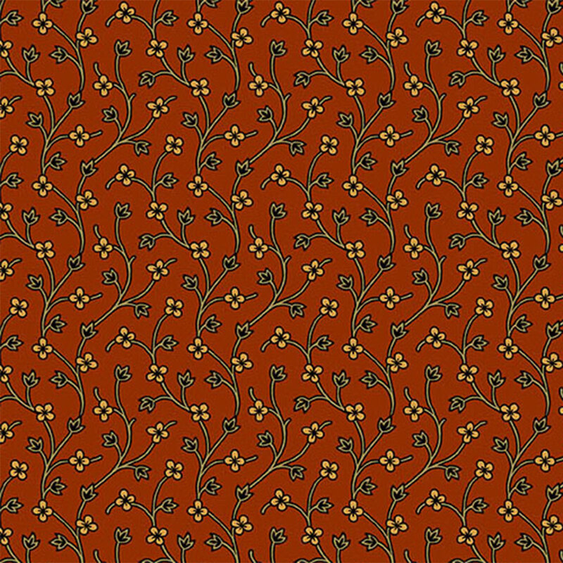 A repeating floral pattern featuring yellow blossoms and green vines on a rust-colored background.