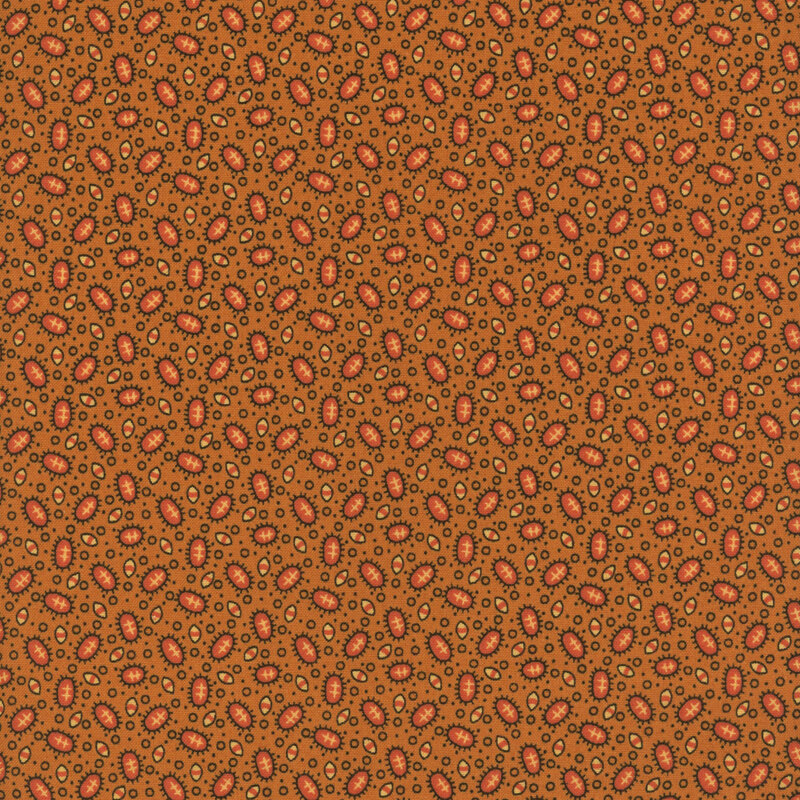 Textured pattern of oval shapes in red and black on a vibrant orange background.