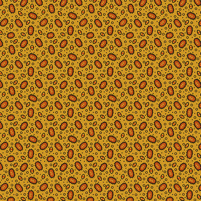 Pattern of abstract shapes in red and orange on a yellow background, resembling flowers or ovals.