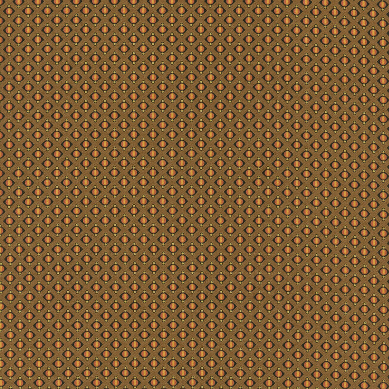 Geometric pattern of interwoven diamonds in orange and yellow on a brown background.
