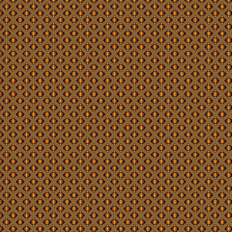 Geometric pattern of interwoven diamonds in orange and yellow on a brown background.