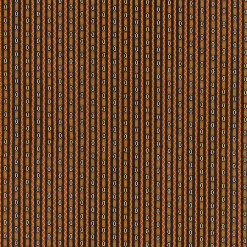 Geometric pattern of vertical stripes in black, orange, and yellow hues with circular motifs.