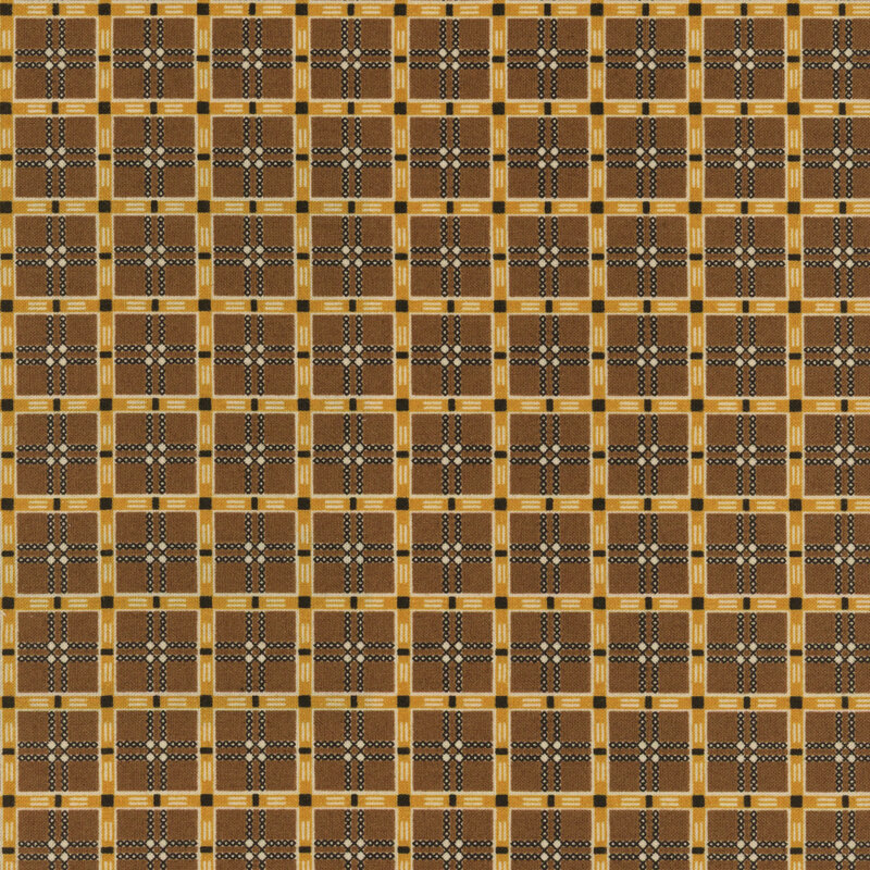 Pattern of interconnected squares in yellow, black, and white, forming a grid-like design.