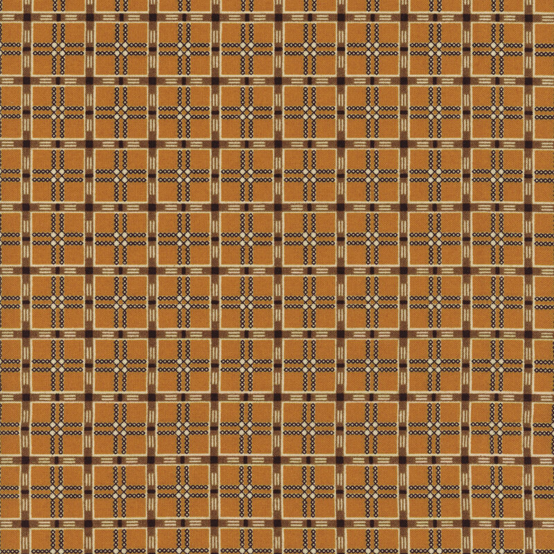 Repeating geometric pattern featuring orange and brown squares with blue accents and black lines.