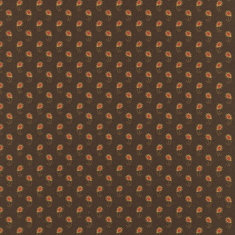 Brown textile pattern featuring small red flowers with white accents arranged evenly.