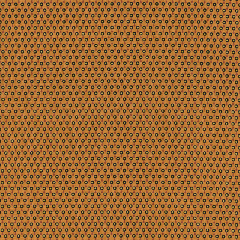 Repeating pattern of small green circles with black outlines on a textured orange-brown background.